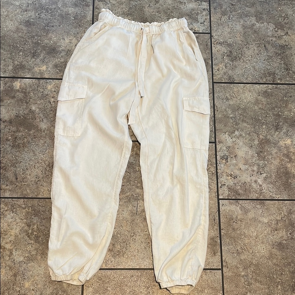 aerie Linen Cream Cargo Jogger Pants